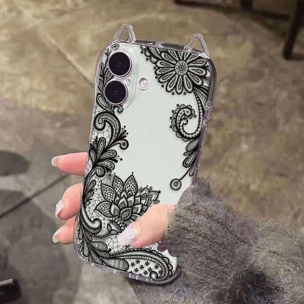Black Lace Pattern Phone Case For iPhone 17 Air X XR XSMax 7 8 Plus 16 15 14 13 12 11 Pro Max Y2K Trend Cute Cat Ears Soft Cover