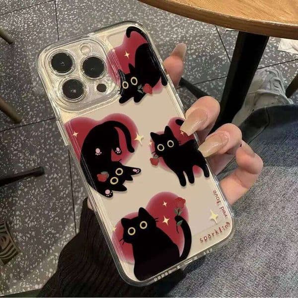 Eose Flower Black Cat Kitten Phone Case For iPhone 17 Pro Max Air X XR XSMax 7 8 Plus 16e 15 14 13 Mini 12 11 Y2K Soft Cover