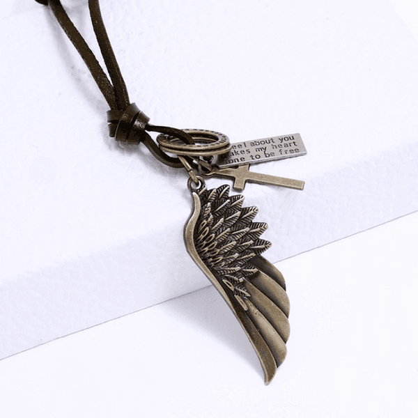 Angel Wing Pendant Necklace Letter ID Ring Corss Charm Adjustable Chain Leather Necklaces for Women Men Fashion Jewelry Gift