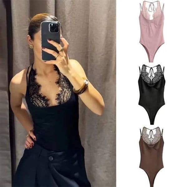 Women's Jumpsuit 2026 Spring New Solid Color Halter Neck Lace Splice Sexy Slim-Fit Romper Personalized Fashion dongdumaoyi