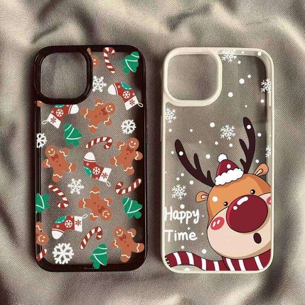 Christmas Reindeer Pattern Phone Case For iPhone 16E 16 15 14 11 Pro Max 17 Air 12 13 Mini XR Clear Cover