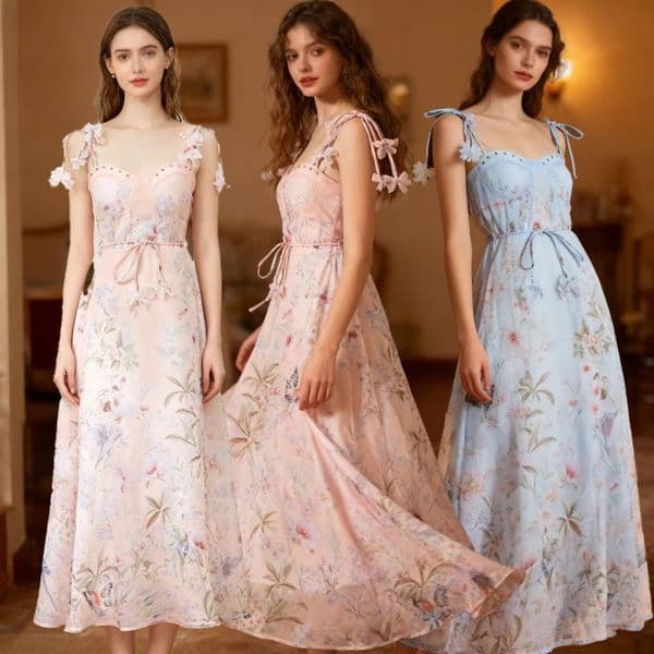 2026 Summer New Floral Print Strap Fishbone Waist-Cinching Fairy Travel Vacation Long Dress for Women