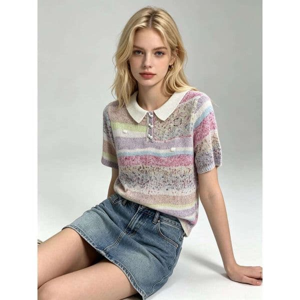 Designer Multicolor Knit Polo Top, Women Short Sleeve with Pastel Stripes and Confetti Yarn, Casual A5 Summer Knitwear High Waist Chiffon