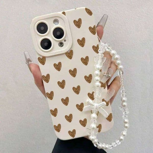 Brown Heart Pattern With Lanyard Phone Case For Samsung Galaxy S26 ultra plus S25 S24 S23 S22 S21 A56 A55 A54 A36 A26 Soft Cover