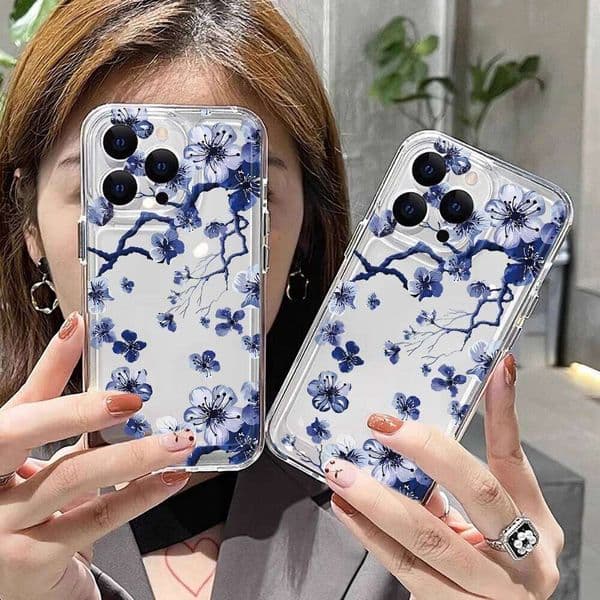 Blue Floral Clear Protective Phone Case For Samsung Galaxy S26 Ultra Plus S25 S24 S23 S22 S21 FE A56 A55 A54 A53 A36 A35 Cover