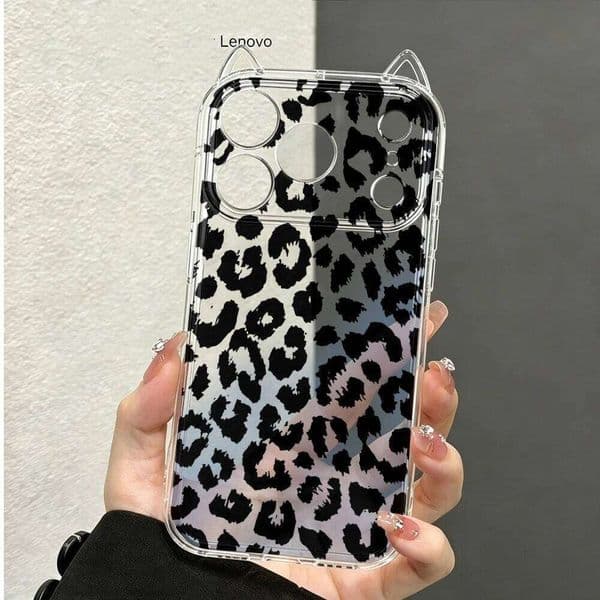 Black Leopard Print Fashion Phone Case For iPhone 17 Air 16 15 14 11 13 12 Pro Max XSMax XS XR X Cat Ears Soft Cover