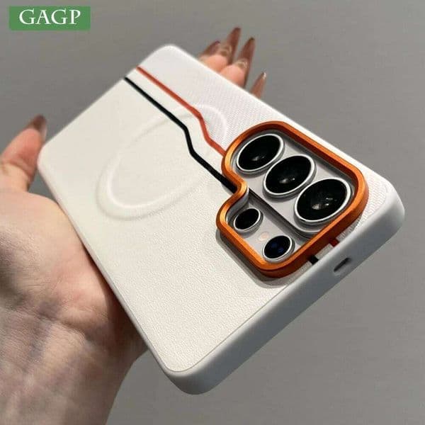Luxury Color-block Dual-Line Magsafe Phone Case for Samsung Galaxy S26 S25 Edge S24 Ultra Plus Orange Lens Frame Cover W260601