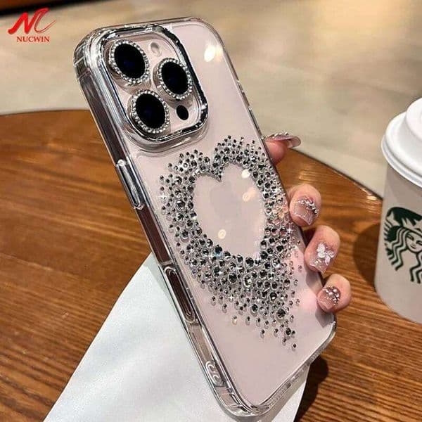 Luxury Diamond Love Heart Case 16 Plus Transparent Acrylic Metal Cover for iPhone 13 12 14 15 Pro Max