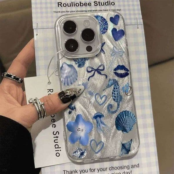 Senior Blue Heart Shell Seahorse Phone Case For iPhone 17 Air 16 15 14 11 13 12 Pro Max XSMax XS XR X Hard Back Cover