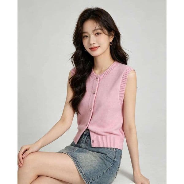 Designer Inspired Women's Knit Vest, Pink Round Neck Sleeveless Rhinestone Button Casual Knitwear Waistcoat Bandage Bodycon
