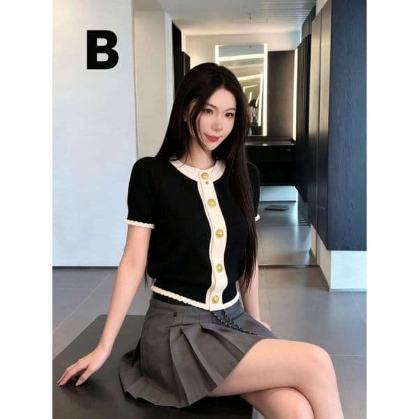 Designer Black Knit Cardigan, Women Short Sleeve with White Trim and Gold Buttons, Casual Elegant Knitwear Casual Daily