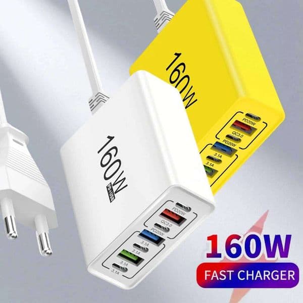 160W 7-Port USB Fast PD QC3.0 Type C Charging Station with Built-in Cable, Multi-Device Charger for iPhone Use