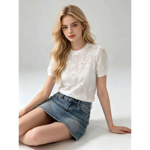 Designer White Knit Top, Women Short Sleeve Crochet Openwork with All-Over Bow Appliques, Casual Summer Knitwear Short Sleeve Loose