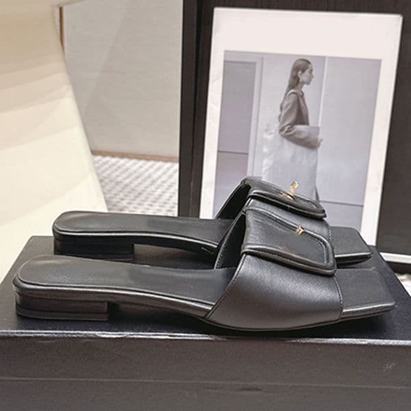 Black Womens Slippers Square toe open toed Sandals Designer Women flat Sandals flip up cow leather upper leather outsole Outdoor vacation travel Lady Mules