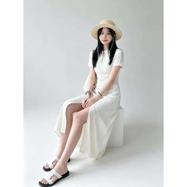 Designer Women's Slim Fit Knit Dress, White Short Sleeve Button Front Slit Casual Elegant Office Midi Dress Floral Print Sweet