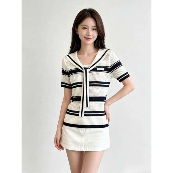 Designer Sailor Collar Ribbed Knit Top, Women White Navy Stripes, Short Sleeve with Contrast Trim and Bow Detail Short Sleeve Loose