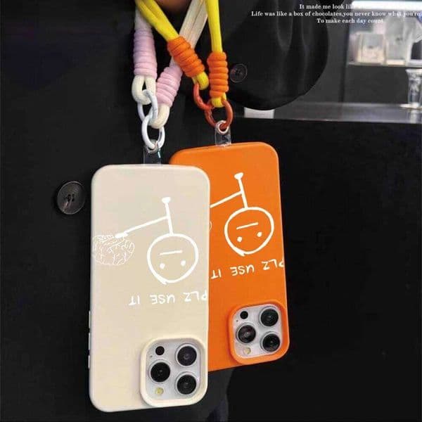 Funny Stickman Brain Doodle Design Case For iPhone 17 Air 16 15 14 13 12 11 Pro Max Plus Litchi Texture with Lanyard Soft Cover