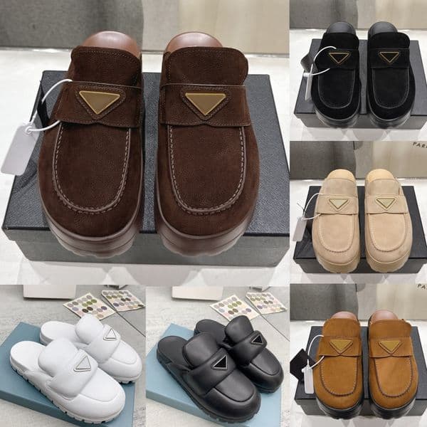 Top Quality Designer Platform Suede Mule Slippers Women Prandas Genuine Leather Breathable Backless Slides Fashion Triangle Logo Leather Summer Casual Sandals