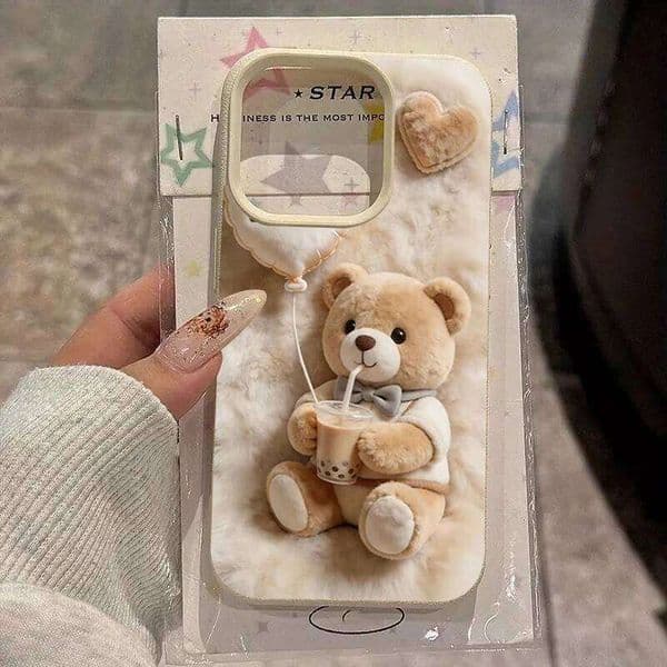 Pearl Milk Tea Bear Pattern Lychee Silicone Phone Case For iPhone 15 16 14 13 12 11 Pro Max Plus 17 Air Soft Cover