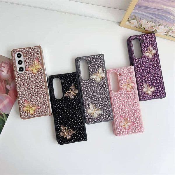 Luxury Cute Bead Butterfly Phone Case For Samsung Galaxy Fold 6 5 4 3 Z Fold4 Fold6 Fold5 Cover Shockproof Cases Funda