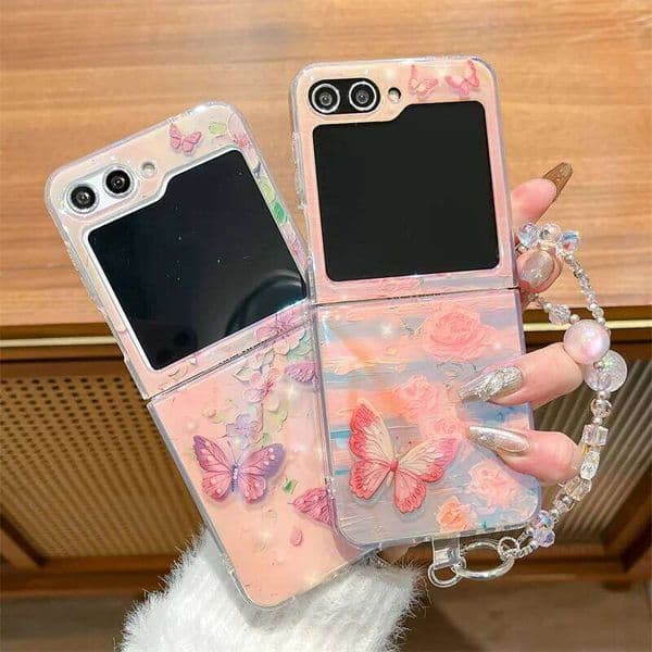 Fashion Oil Painting Flower Butterfly Phone Case For Samsung Galaxy Z Flip 7 6 5 4 3 Flip6 Flip7 Flip5 Cover with Cute Chain