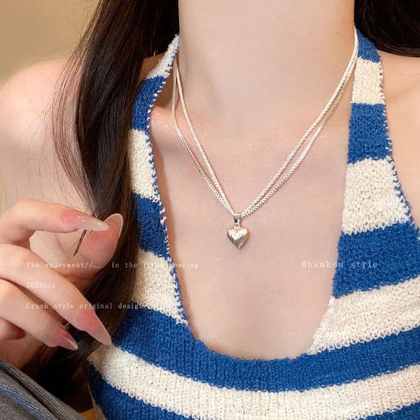 Designer Jewelry Luxury Jewelry Double-Layer Silver Heart Pendant Necklace For Women, Light Luxury, Elegant Sophisticated Collarbone Chain, Exquisite And Vers
