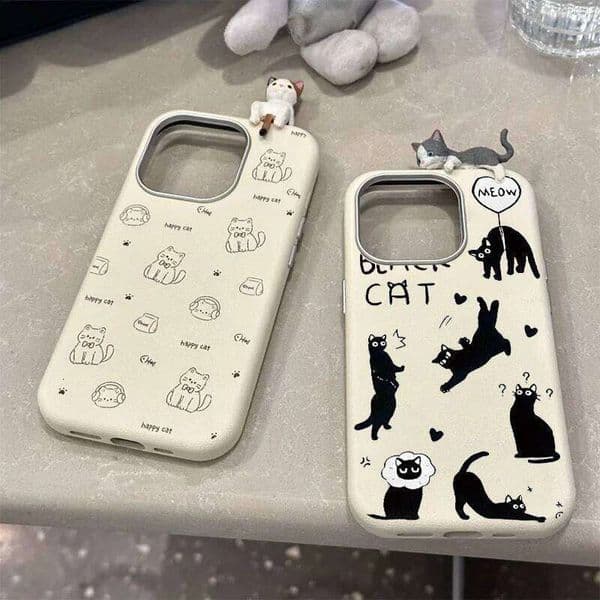 Funny Black Kitten 3D Doll Compatible for IPhone 11 12 14 13 Pro 15 16 Plus XR X XS Max Leather Texture Case