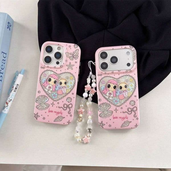 Cute Shell Love Cartoon Girl Silicone Phone Case with Chain for iPhone 16 15 14 13 17 Pro Max Cover kawaii Cases Capa