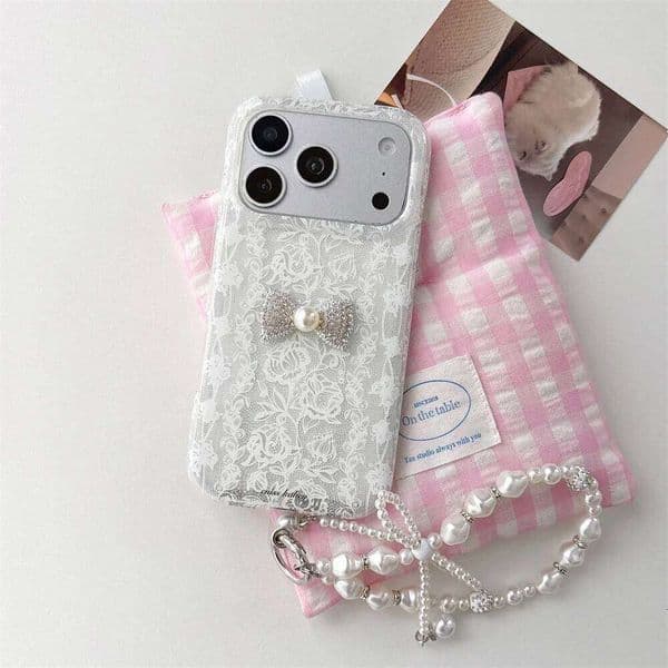 Cute Flower Diamond Bow With Pearl Chain Phone case for iPhone 15 16 17 Pro Max Cover Korean INS Protective Case