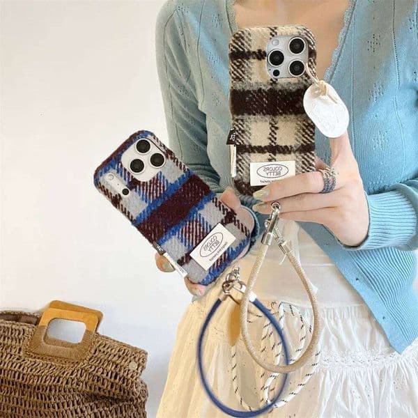 Fluffy plush stylish plaid phone case for iPhone 17 15 14 Pro Max 13 with chain warm cute protective cover For 17Pro 16