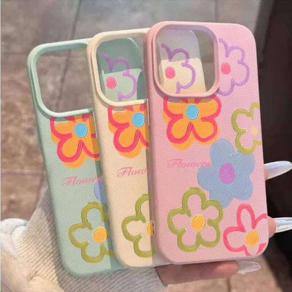 Colorful Fashion Cute Flowers Case Compatible for IPhone XR 13 11 12 14 Pro X XS Max 16 15 Plus Leather Texture Cover