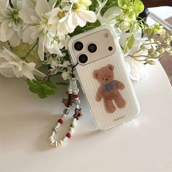 Ins Striped Cartoon bear Silicone Phone case for iPhone 16 15 14 13 17 Pro Max Cover Korean Cases With Chain Shockproof Fund