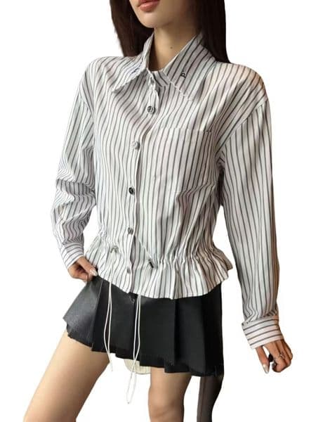 2026 Spring/Summer New Design Shirt - High-end Luxury Letter Embroidery Long-Sleeved Corseted Drawstring - Casual Striped Shirt Top for Women
