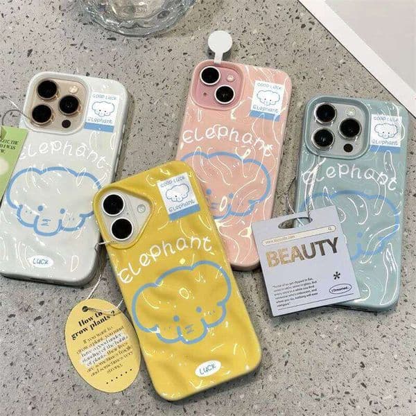 Simple Graffiti Cute Elephant Case Compatible for IPhone Plus 13 11 15 16 12 14 Pro Max Wave Ruffle Water Glossy Cover