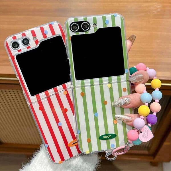Simple Stripes Color Polka Dot Phone Case For Samsung Galaxy Z Flip 6 5 4 3 Flip4 Flip6 Flip5 Cover with Chain Rope Cute Cases