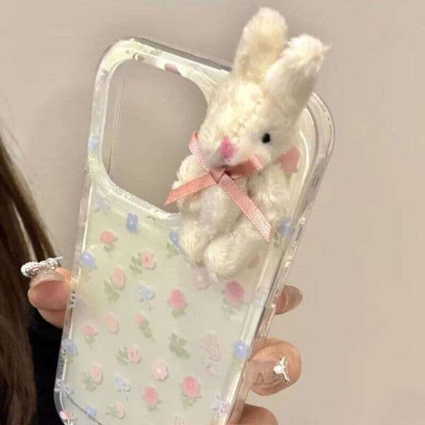 3D Rabbit Romantic Flower Case Compatible for IPhone 13 11 12 Pro XR X XS Max 15 16 7 Plus SE 2020 New Imd Soft Cover