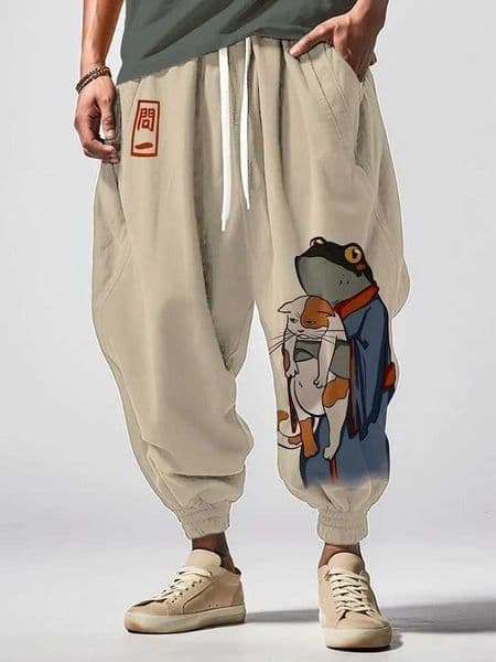 In Japanese Long Pants Vintage Frog Mens Kimono And Clothing Cat Art Print Trousers Loose DrAWstring Waist Sweatpants C260601