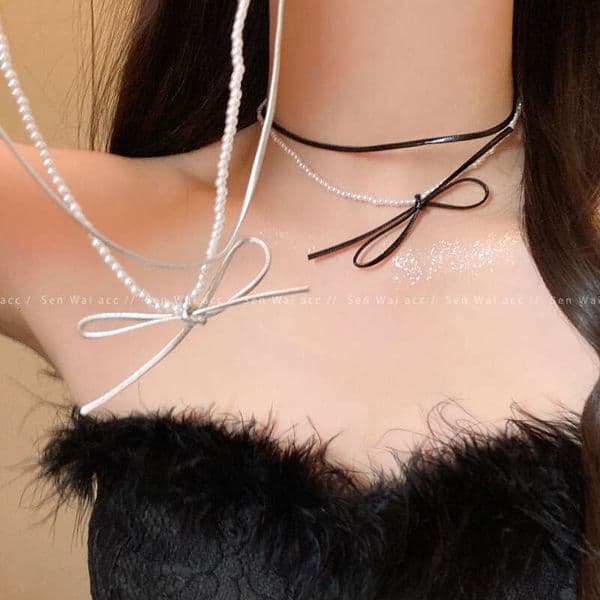 Designer Jewelry Luxury Jewelry Sweet Elegant Bowknot Pearl Double-Layer Necklace For Women, Fashionable And Exquisite Niche Design Clavicle Chain Neck