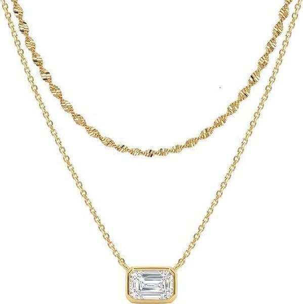 Affordable 's best-selling women's single-layer/double-layer copper-plated 14K gold zircon square pendant fashion necklace jewelry