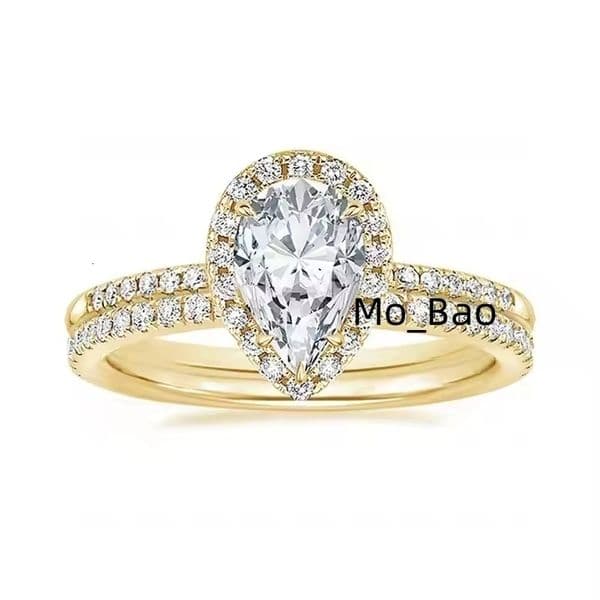 Luxury 10K 14K 18K Solid Gold Pear Cut Halo Lab Grown Diamond Engagement Ring with a Diamond Wedding Band Couple Rings for Women