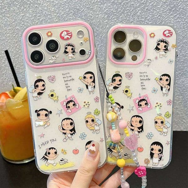 Korean Cute Flower Girl Cartoon Phone Case for iPhone 17 15 14 13 16 Pro Max Cover with Chain Kawaii Shockproof Fundas