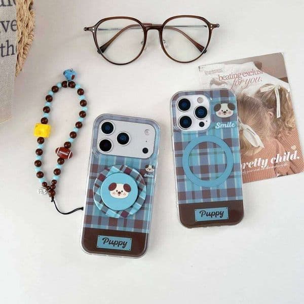 Fresh blue plaid cute puppy magnetic holder mobile phone case,suitable for iPhone13/14/15/16/17 Pro Max, new protective case