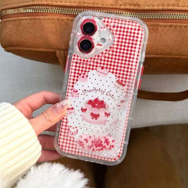 Fashion cute quicksand plaid strawberry cake phone case for iPhone 17 16 ProMax 14 15 Pro Korean INS shockproof protective cover