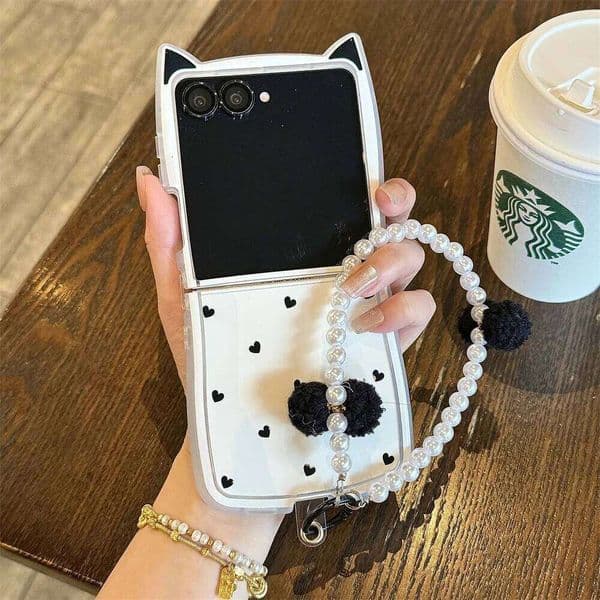 INS simple polka dot love cat ear phone case for Samsung Galaxy Z Flip 7 Flip6 5 flip4 3 5G cover with pearl chain protection ca