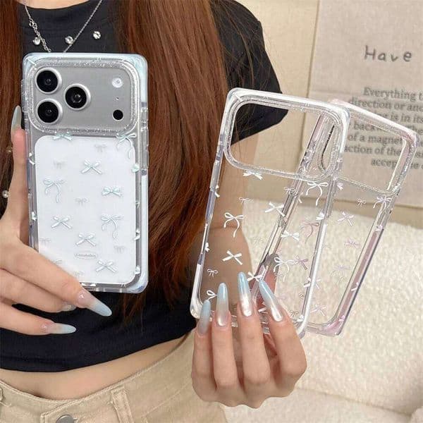 Ins Cute Bow Glitter Phone Case for iPhone 15 17 Pro Fundas Korean Cases Protective Cover For Apple 16 Max
