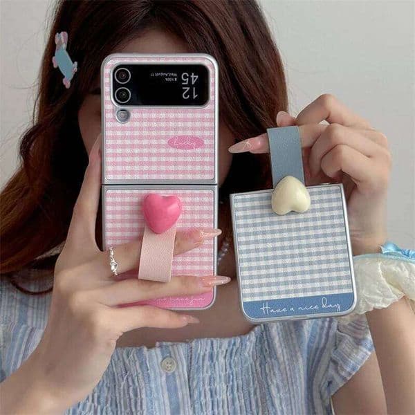 Korean Cute Plaid Pattern Leather Phone Case For Samsung Galaxy Flip 6 5 4 Z Flip5 Flip4 Flip6 5G Cover with Ring Kawaii Cases