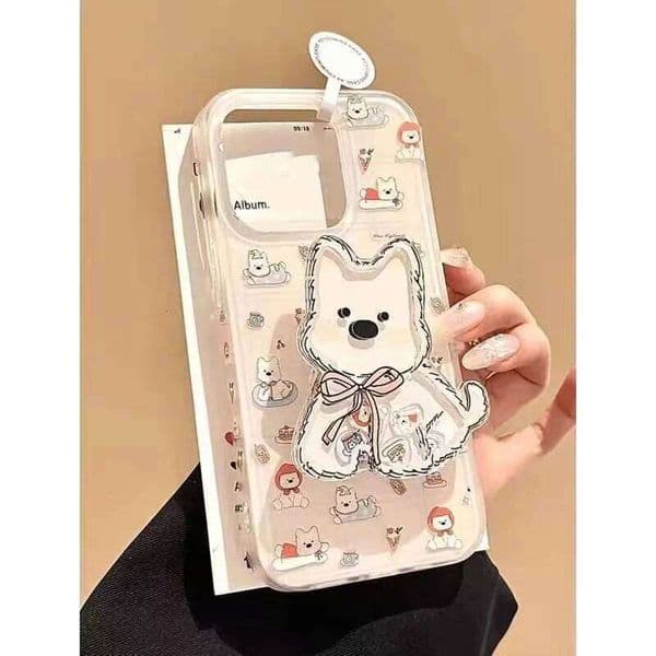 Happy Cute Puppy Bracket Case Compatible for IPhone 14 13 11 12 Pro XS X XR Max 15 16 7 Plus SE 2020 White Imd Cover