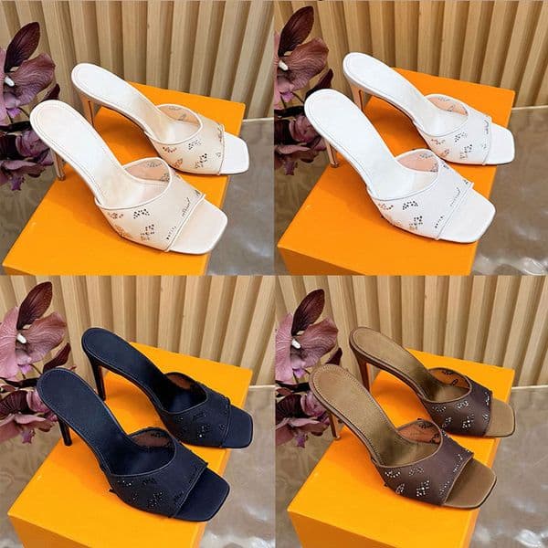 Womens Luxury Gala Mule 1AK4KG Designer Ladies Mesh Strass High Heels Sandals Elegant Curved Front Strap Slender Stiletto Heel Leather Outsole Size 35 41