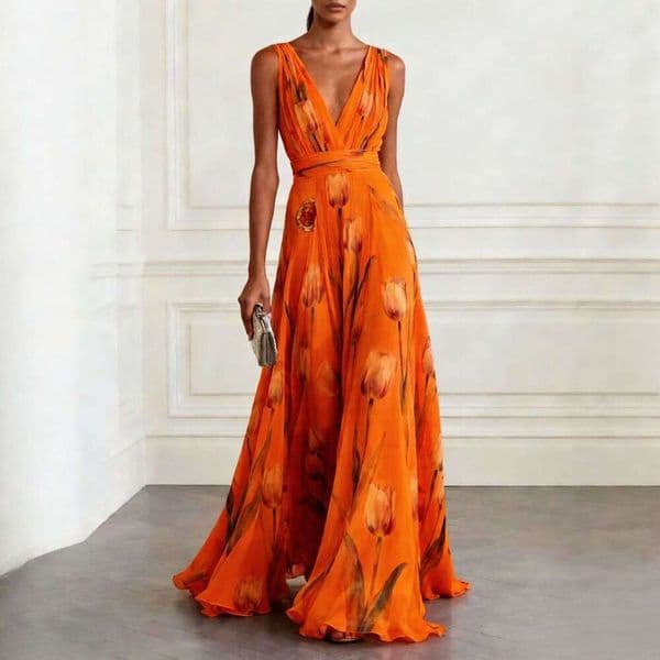 New Tulip Print Evening Dress for Women, Sleeveless V-Neck Long Gown, European and American Cross-Border Independent Website