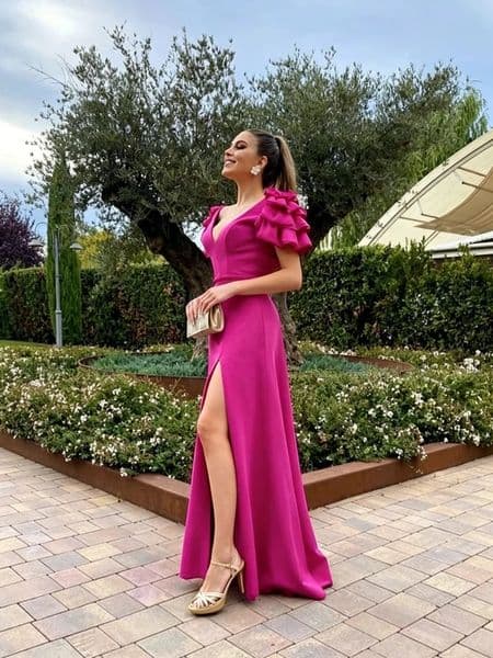Hot Pink Backless Ruffle Sleeve V Neck High Slit Court Train A Line Maxi Evening Prom Dress Party Cocktail Formal Elegant Sexy Soft Fitted Sweet Stretchy